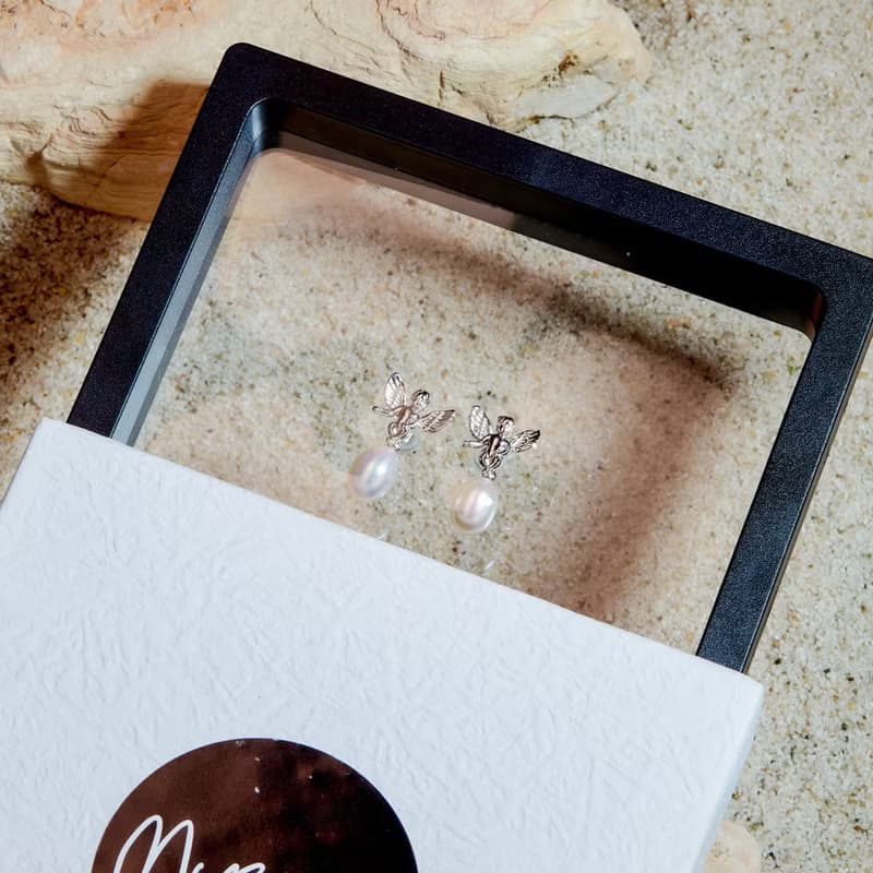 天然白色米型珍珠銀色天使耳環 6–7mm 簡約時尚 情人節禮物