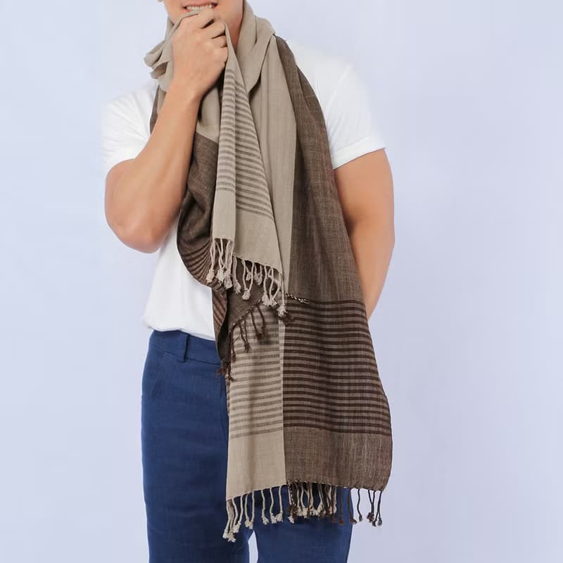 Ebony Stripe Hand Woven Cotton Scarf, Dark Brown