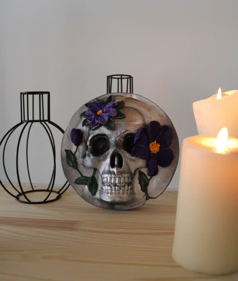 Skull sculpture with flowers, 3d painting