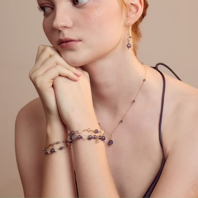 堇青石拉長石月光石14K包金手鍊