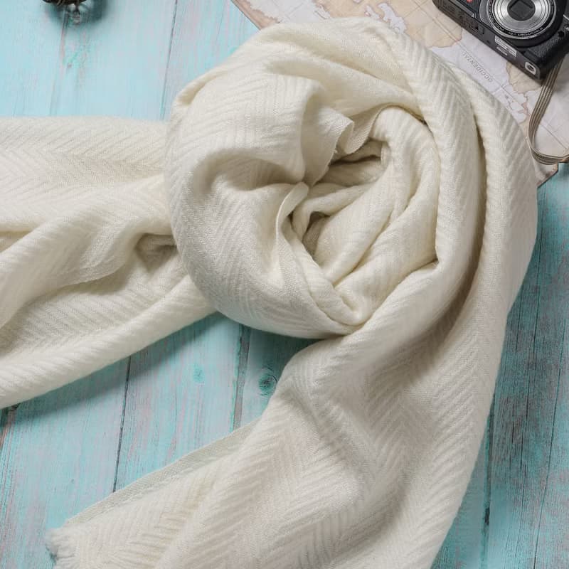 【厚款】喀什米爾羊毛圍巾/披肩  山形紋 米白 手工機織