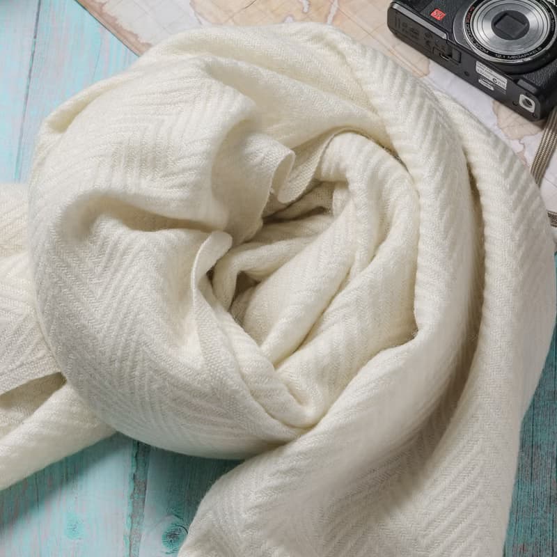 【厚款】喀什米爾羊毛圍巾/披肩  山形紋 米白 手工機織