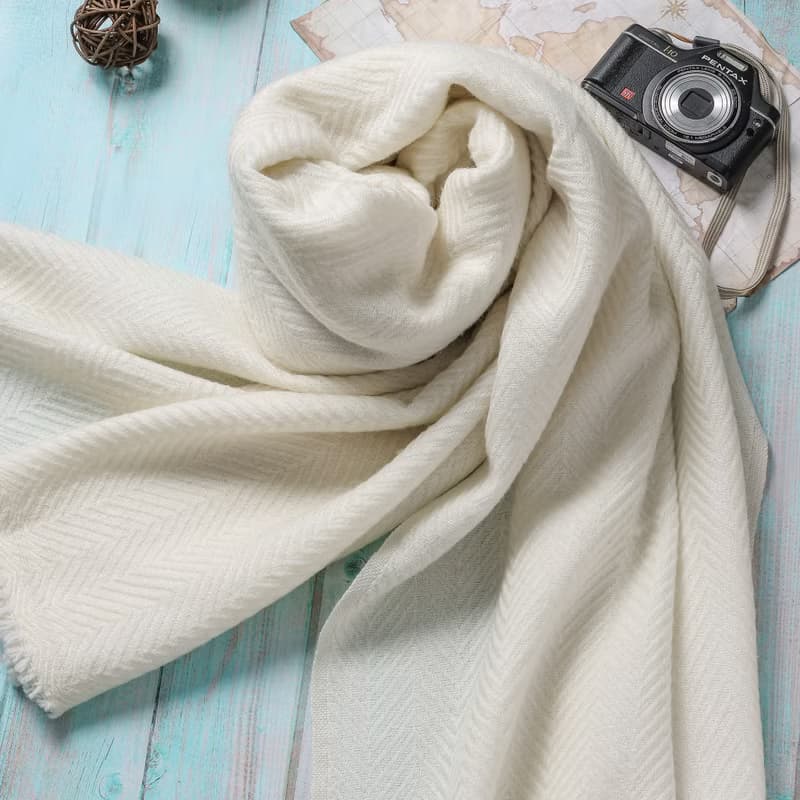 【厚款】喀什米爾羊毛圍巾/披肩  山形紋 米白 手工機織