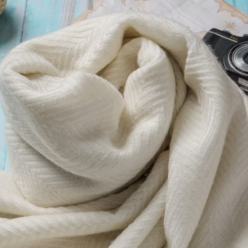 【厚款】喀什米爾羊毛圍巾/披肩  山形紋 米白 手工機織