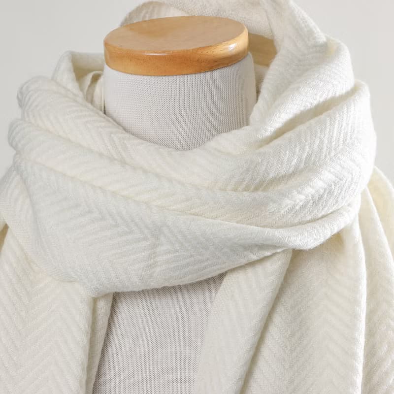 【厚款】喀什米爾羊毛圍巾/披肩  山形紋 米白 手工機織