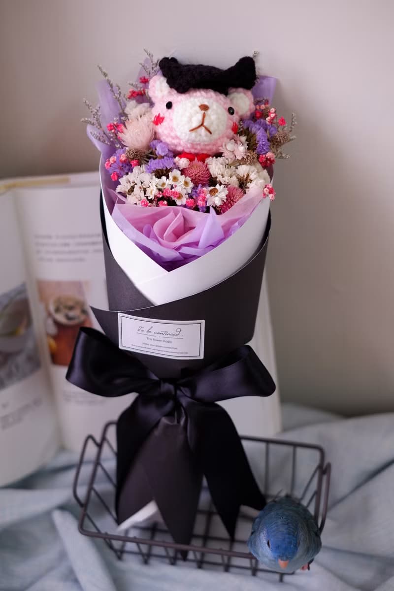 未完待續 | 手工 畢業熊乾燥花 長花束  鉤針娃娃 粉熊款 預購