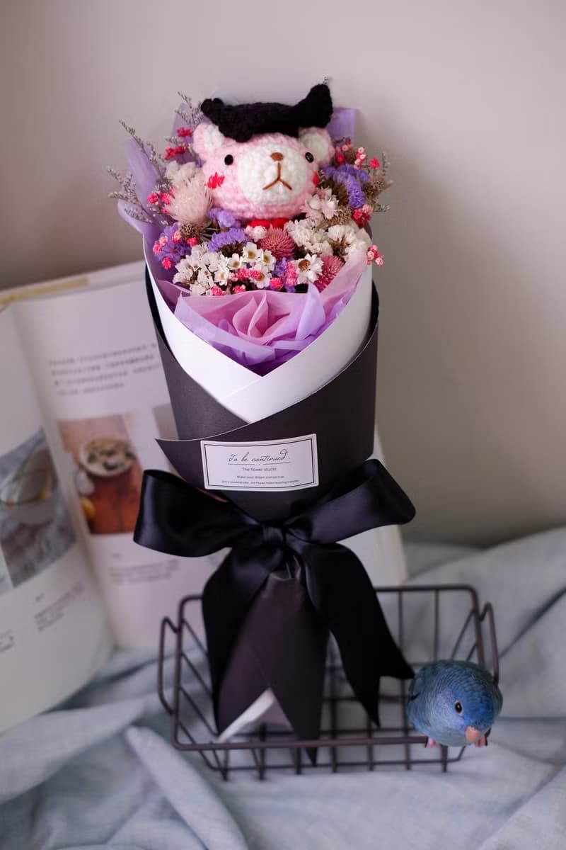 未完待續 | 手工 畢業熊乾燥花 長花束  鉤針娃娃 粉熊款 預購