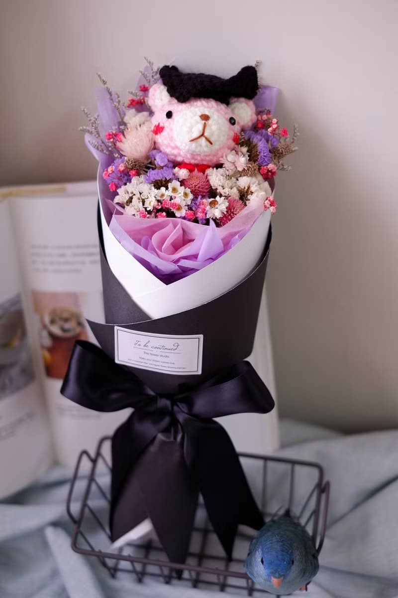 未完待續 | 手工 畢業熊乾燥花 長花束  鉤針娃娃 粉熊款 預購