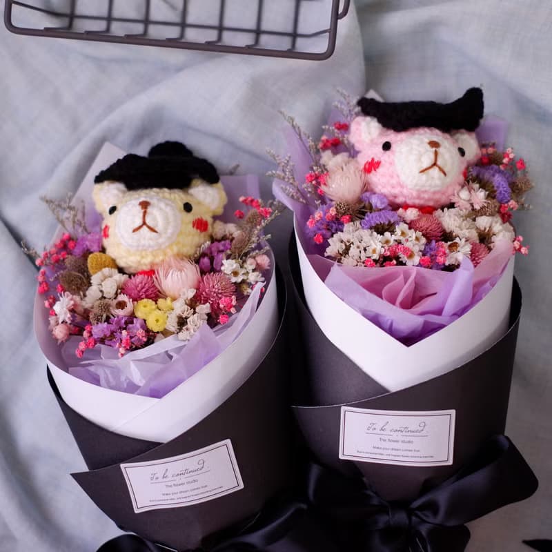未完待續 | 手工 畢業熊乾燥花 長花束  鉤針娃娃 粉熊款 預購