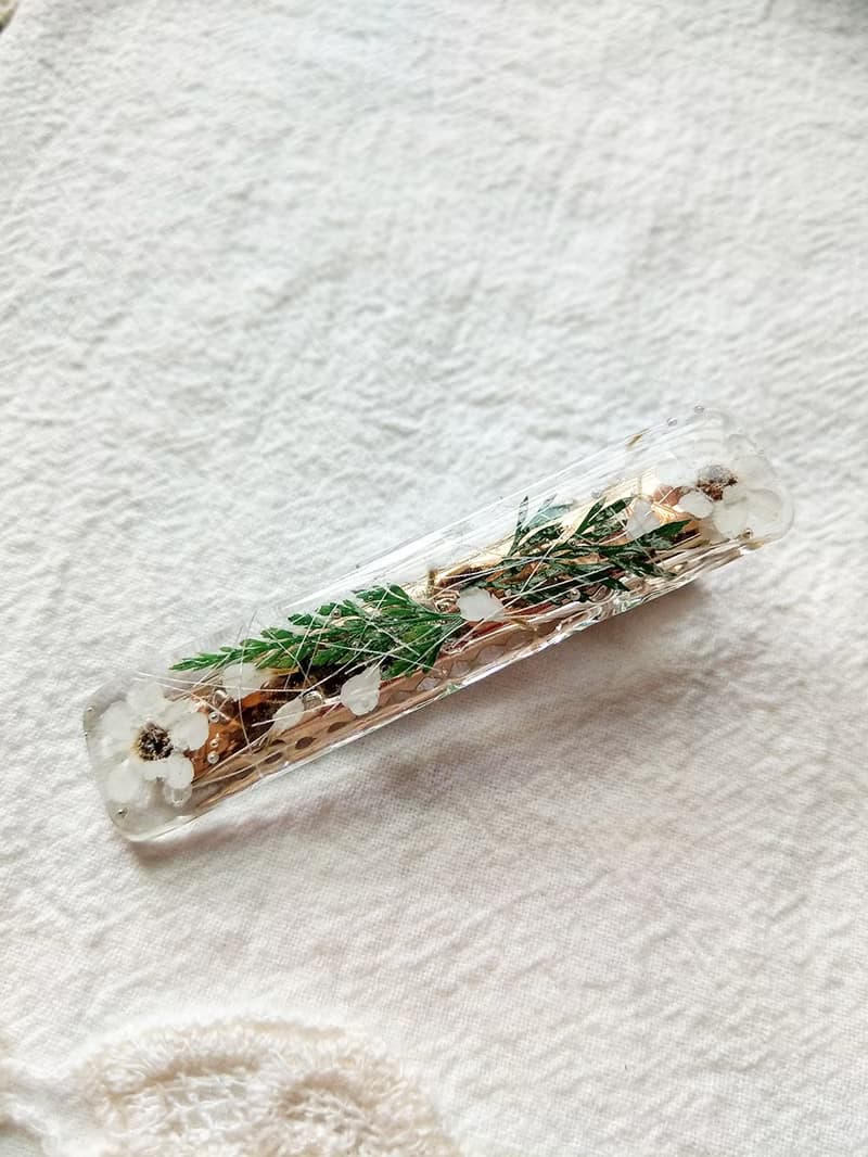 真花髮夾 乾燥花 長方形 法國小白梅 綠色植物 透明髮夾 精緻手工