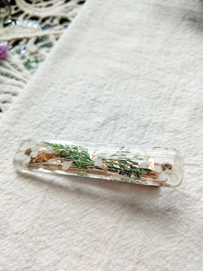 真花髮夾 乾燥花 長方形 法國小白梅 綠色植物 透明髮夾 精緻手工