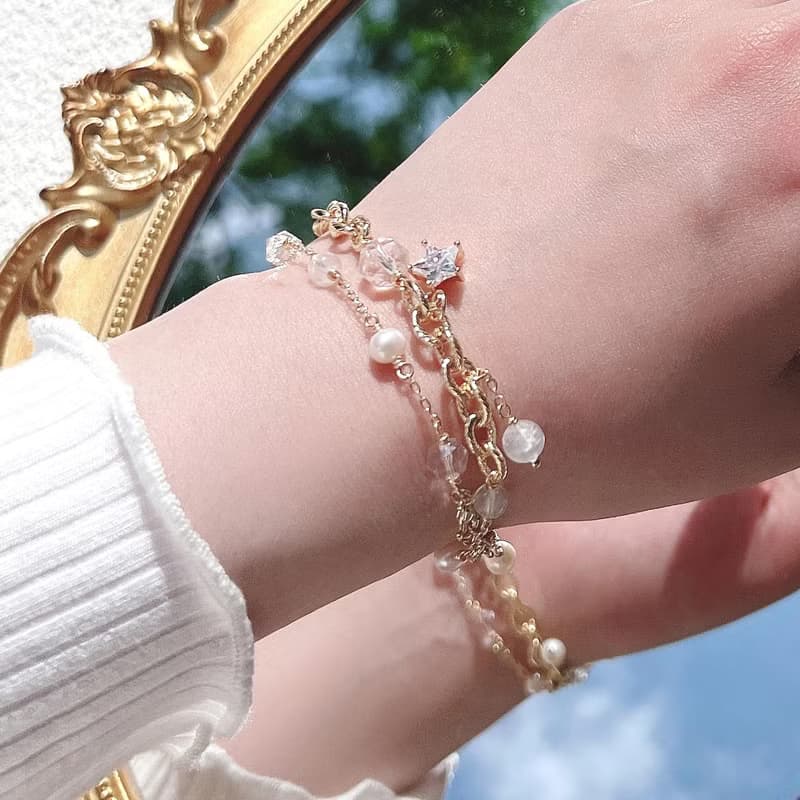 月光石 鑽切白水晶 淡水珍珠 14k包金 天然水晶 雙層手鍊