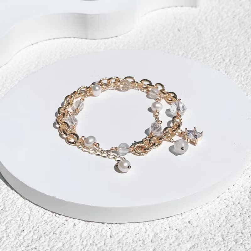 月光石 鑽切白水晶 淡水珍珠 14k包金 天然水晶 雙層手鍊