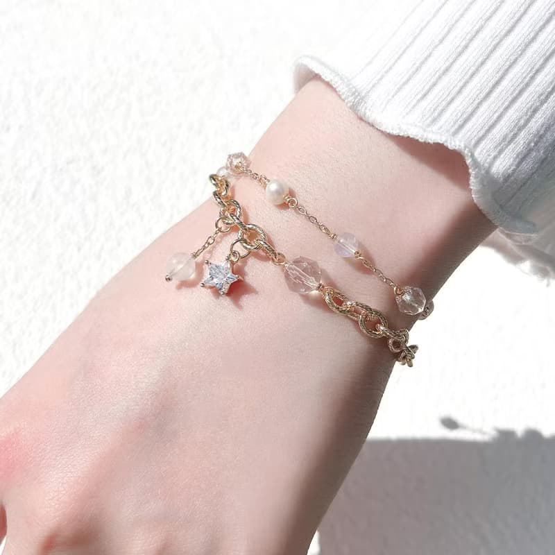 月光石 鑽切白水晶 淡水珍珠 14k包金 天然水晶 雙層手鍊