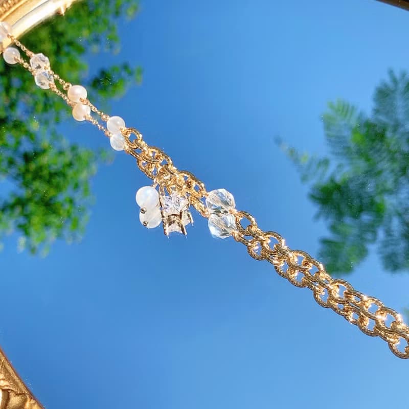 月光石 鑽切白水晶 淡水珍珠 14k包金 天然水晶 雙層手鍊