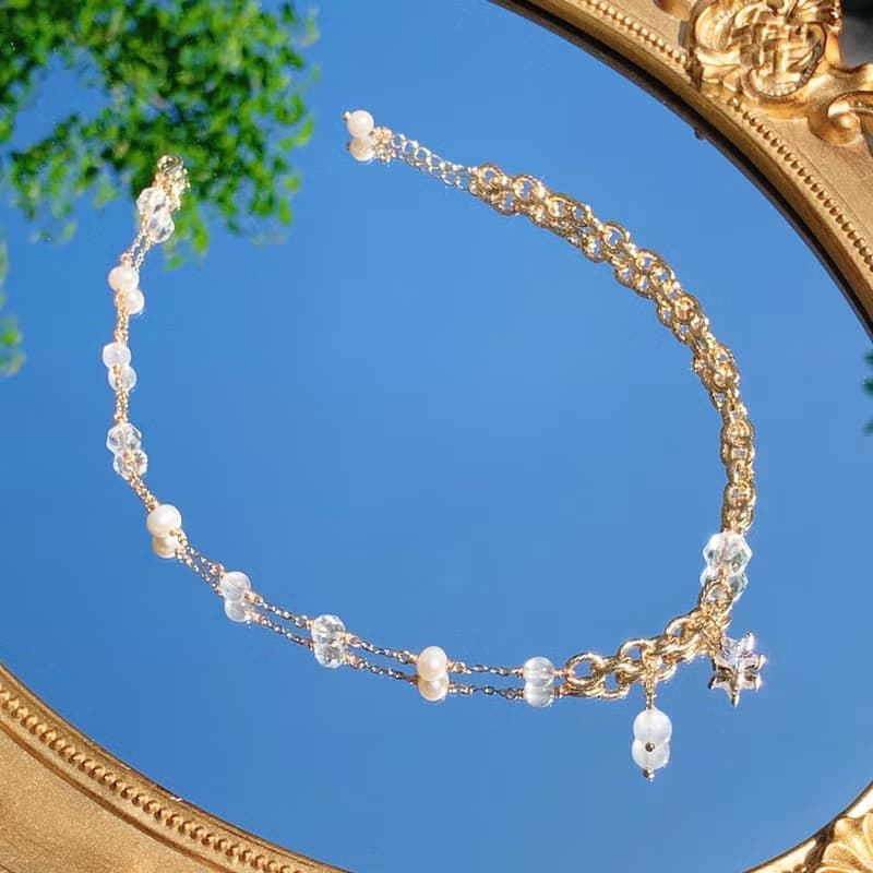 月光石 鑽切白水晶 淡水珍珠 14k包金 天然水晶 雙層手鍊