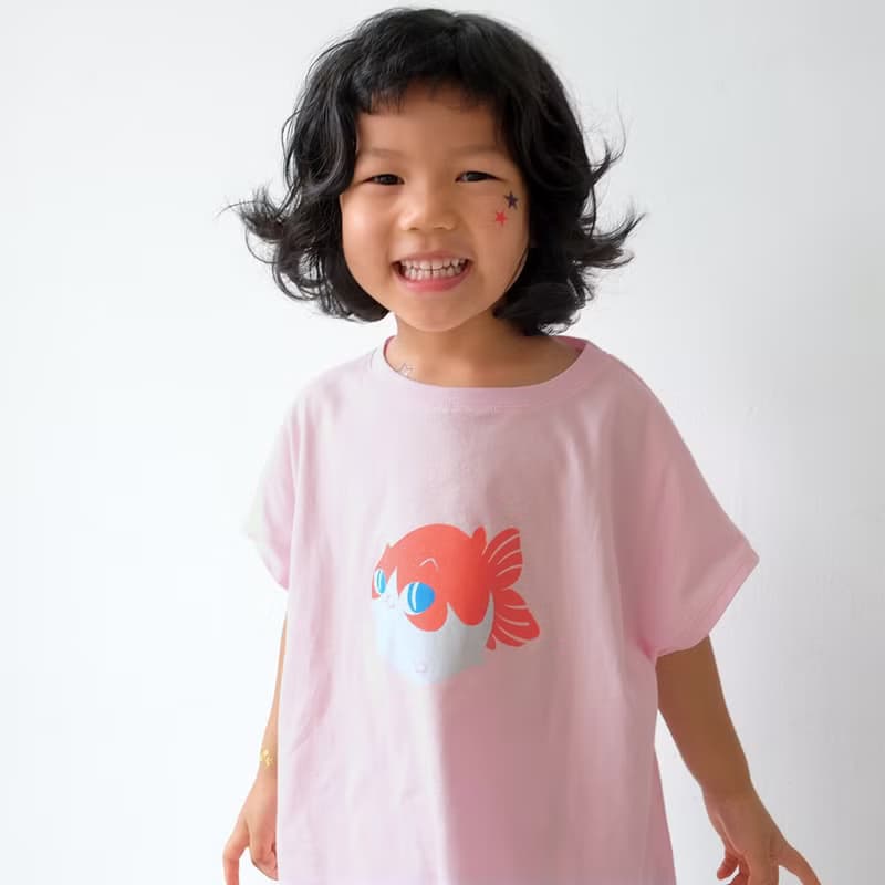 Kids Tisha金魚喵/兒童純棉Tshirt 落肩款/粉-中性版 兒童節