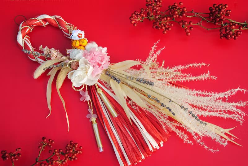 日式祈福紅白注連繩-活力芒草紅粉色系 自選花飾