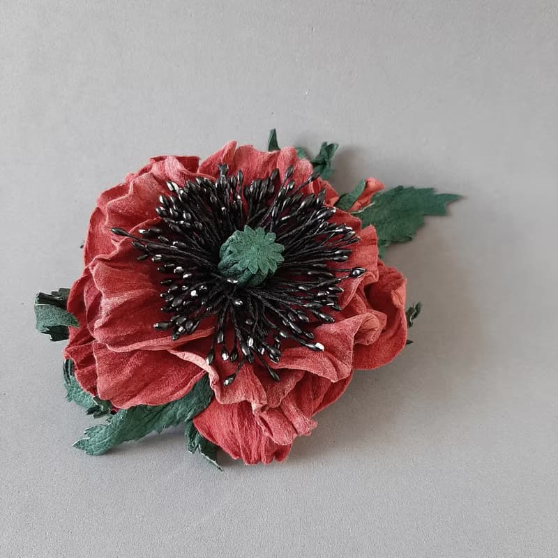 皮革胸針 Leather brooch red poppy for her or for him Leather jewelry