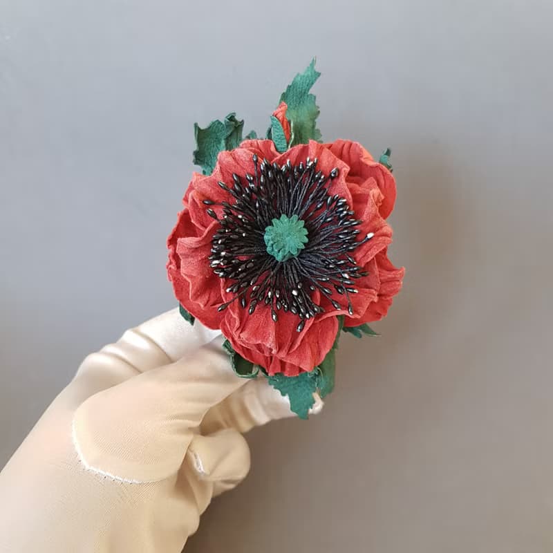 皮革胸針 Leather brooch red poppy for her or for him Leather jewelry