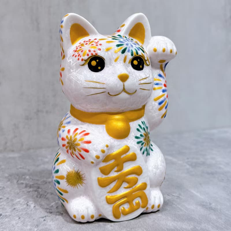 【桃火招福】日本清水燒招財貓 | 花結晶 桃 花火 左
