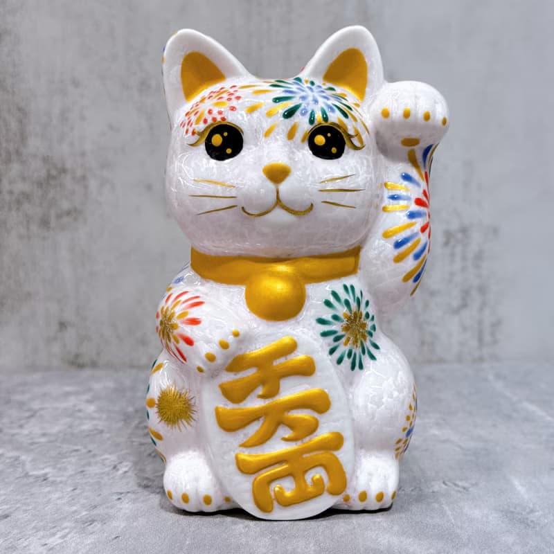 【桃火招福】日本清水燒招財貓 | 花結晶 桃 花火 左