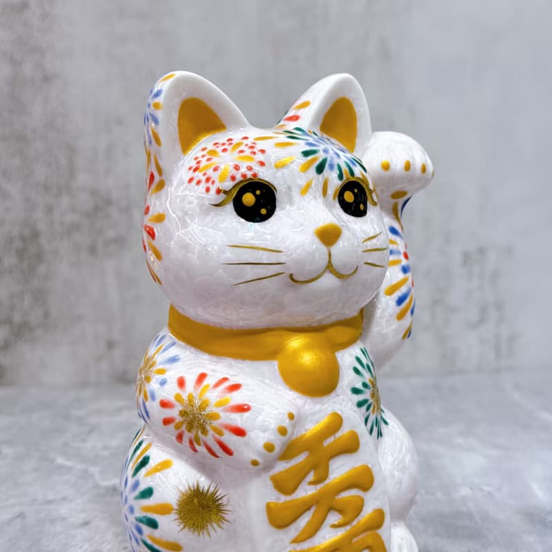 【桃火招福】日本清水燒招財貓 | 花結晶 桃 花火 左