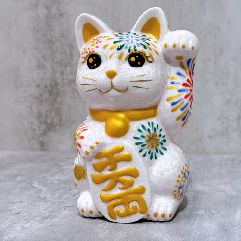 【桃火招福】日本清水燒招財貓 | 花結晶 桃 花火 左