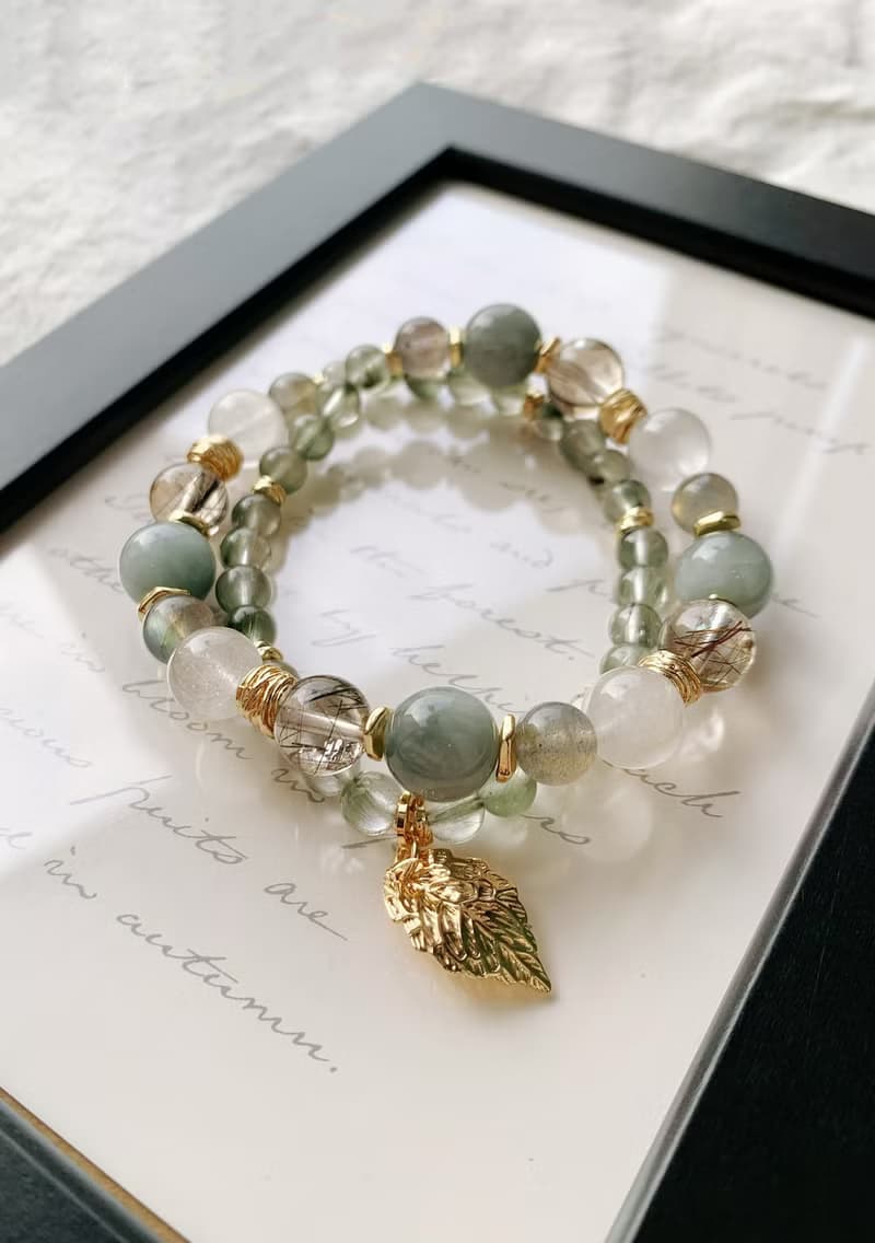 白兔毛/灰兔毛/綠兔毛/黑銅髮晶/拉長石 手作設計能量水晶雙圈手