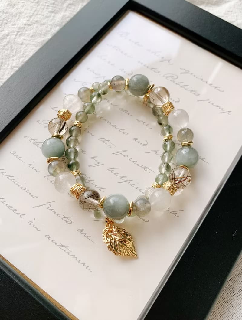 白兔毛/灰兔毛/綠兔毛/黑銅髮晶/拉長石 手作設計能量水晶雙圈手