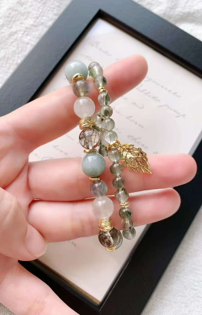 白兔毛/灰兔毛/綠兔毛/黑銅髮晶/拉長石 手作設計能量水晶雙圈手
