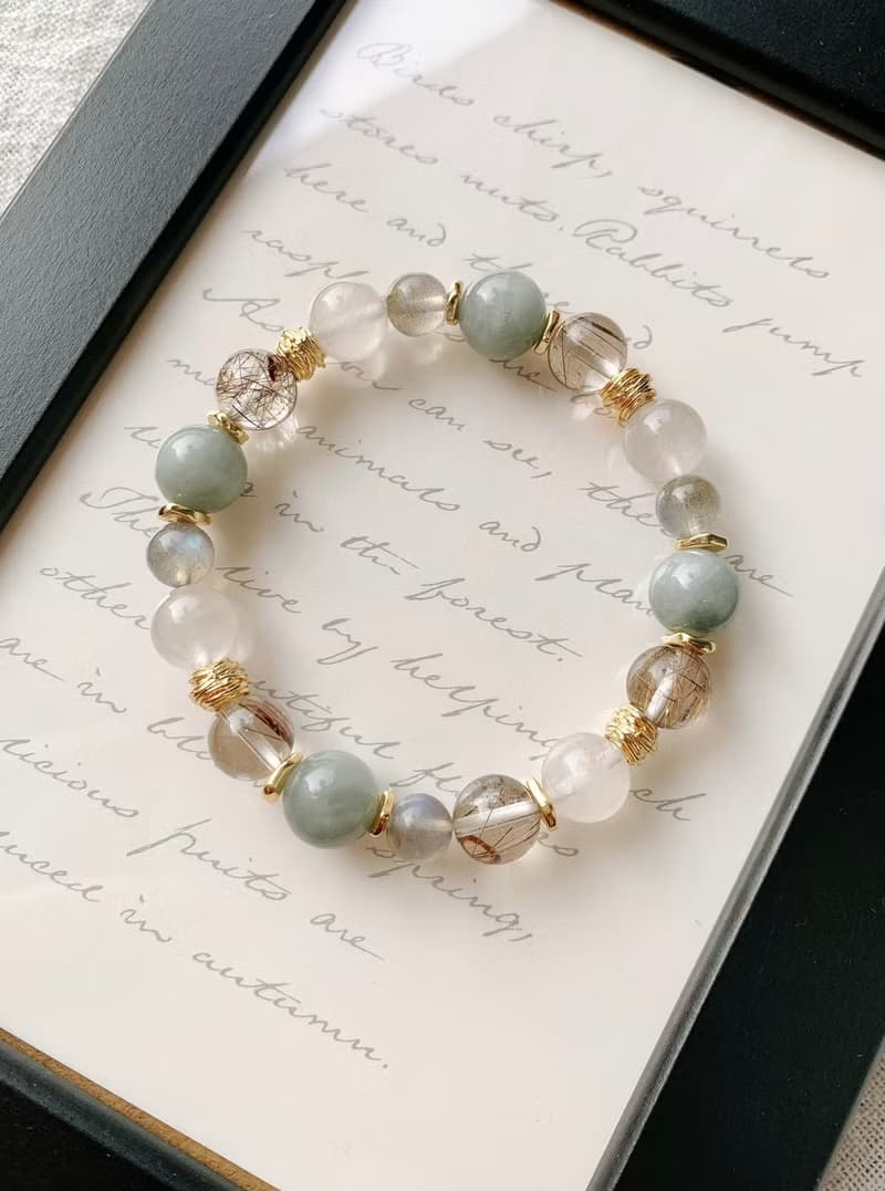 白兔毛/灰兔毛/綠兔毛/黑銅髮晶/拉長石 手作設計能量水晶雙圈手