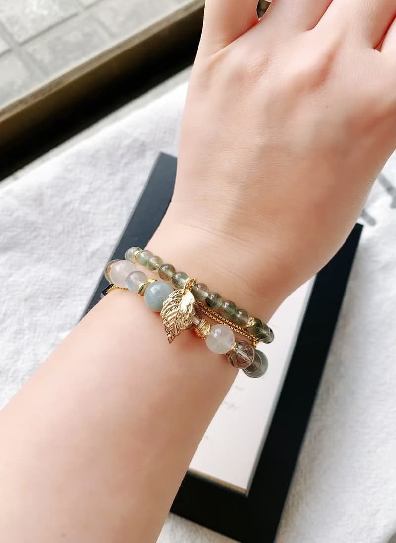 白兔毛/灰兔毛/綠兔毛/黑銅髮晶/拉長石 手作設計能量水晶雙圈手