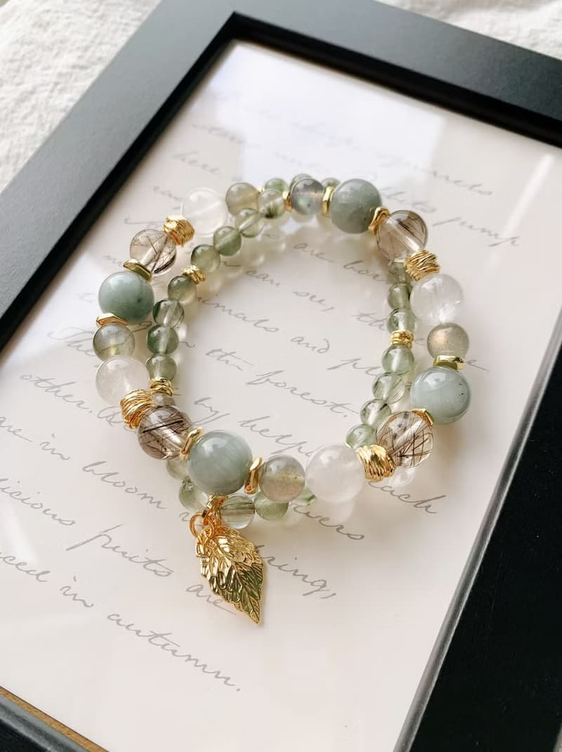 白兔毛/灰兔毛/綠兔毛/黑銅髮晶/拉長石 手作設計能量水晶雙圈手