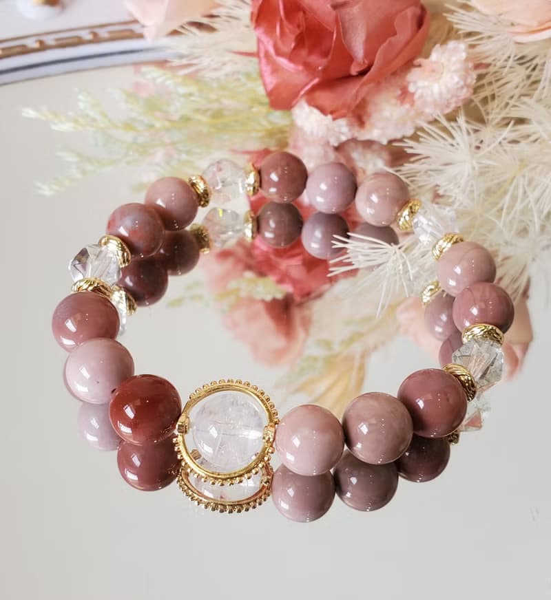 緋紅玫瑰-玫瑰色系阿拉善/藍針水晶/白水晶/愛情/魅力/水晶手鍊