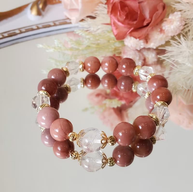 緋紅玫瑰-玫瑰色系阿拉善/藍針水晶/白水晶/愛情/魅力/水晶手鍊