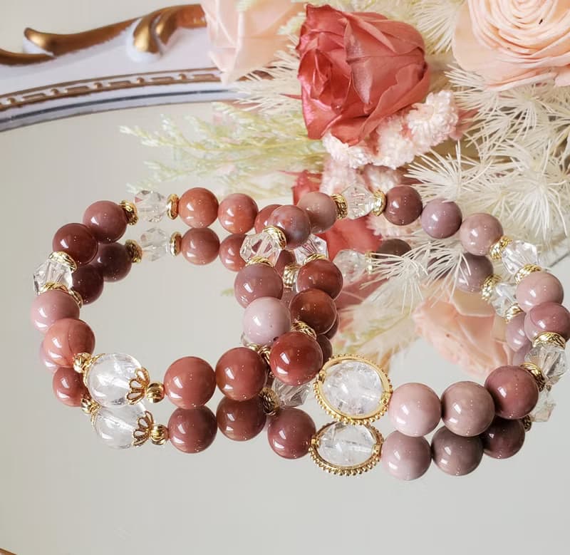 緋紅玫瑰-玫瑰色系阿拉善/藍針水晶/白水晶/愛情/魅力/水晶手鍊