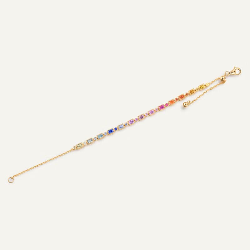 珍奧斯丁珠邊幻彩彩虹彩色藍寶石手鍊剛玉彩色寶石18k金手鍊