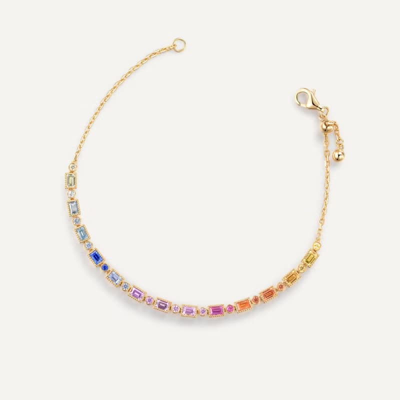 珍奧斯丁珠邊幻彩彩虹彩色藍寶石手鍊剛玉彩色寶石18k金手鍊