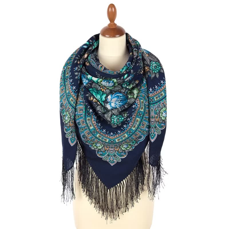 Pavlovo Posad Russian Shawl 100% Wool Scarf 125x125 cm Wrap Silk Fringe 1954-14