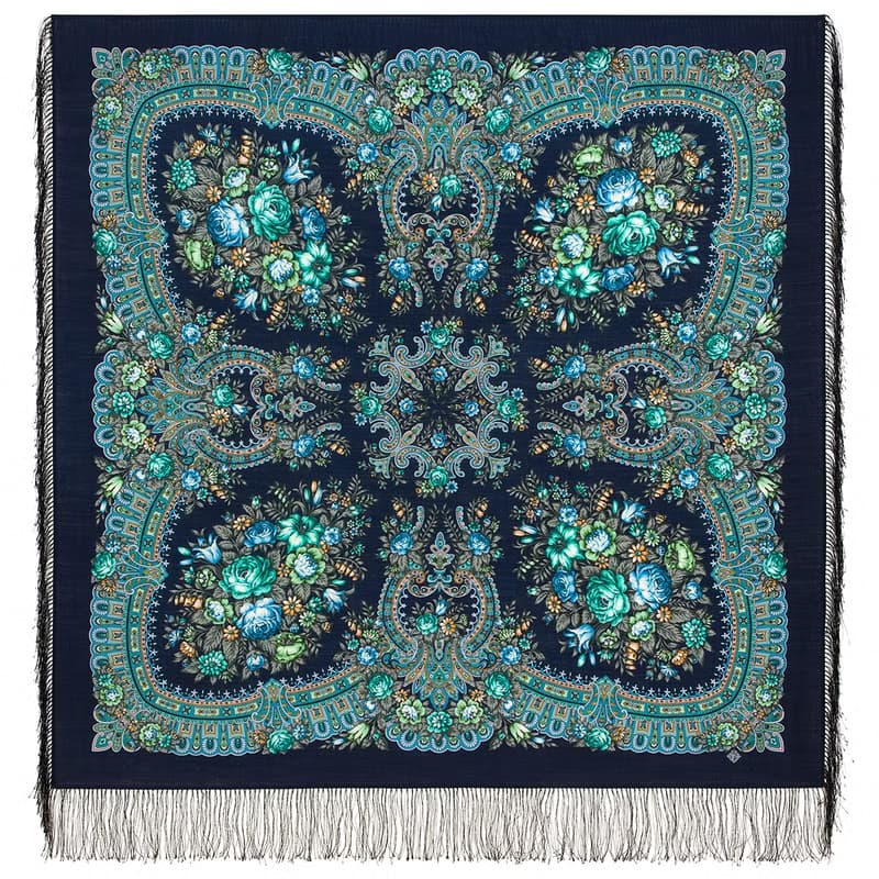 Pavlovo Posad Russian Shawl 100% Wool Scarf 125x125 cm Wrap Silk Fringe 1954-14