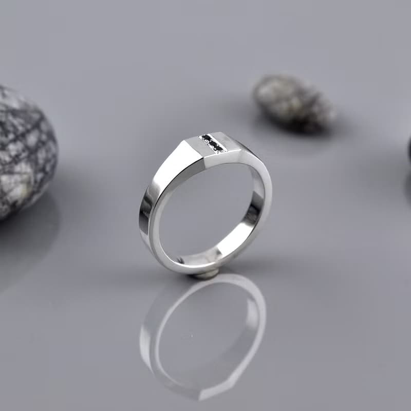 黑CZ石小印章戒指 / 尾戒 925純銀 Men's jewelry