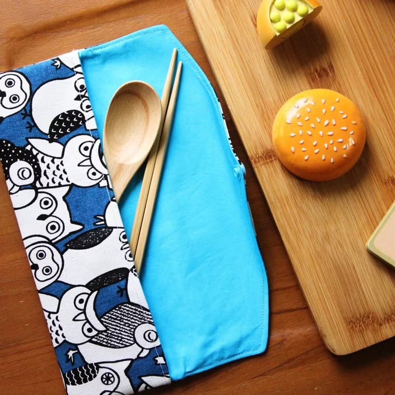 文青風環保筷袋 ~守護  藍 貓頭鷹 收納包.環保筷袋.手作餐具袋