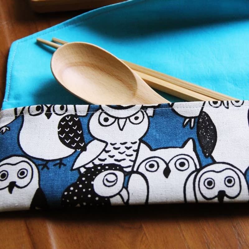 文青風環保筷袋 ~守護  藍 貓頭鷹 收納包.環保筷袋.手作餐具袋