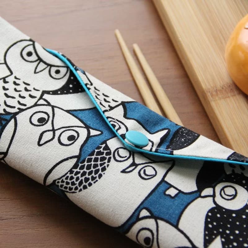 文青風環保筷袋 ~守護  藍 貓頭鷹 收納包.環保筷袋.手作餐具袋