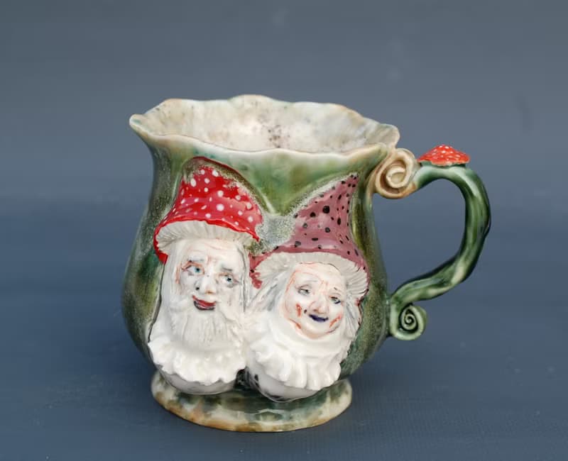 Art mug Mushroom Gnome Forest Witch Green scenic Cup decor Face relief mug