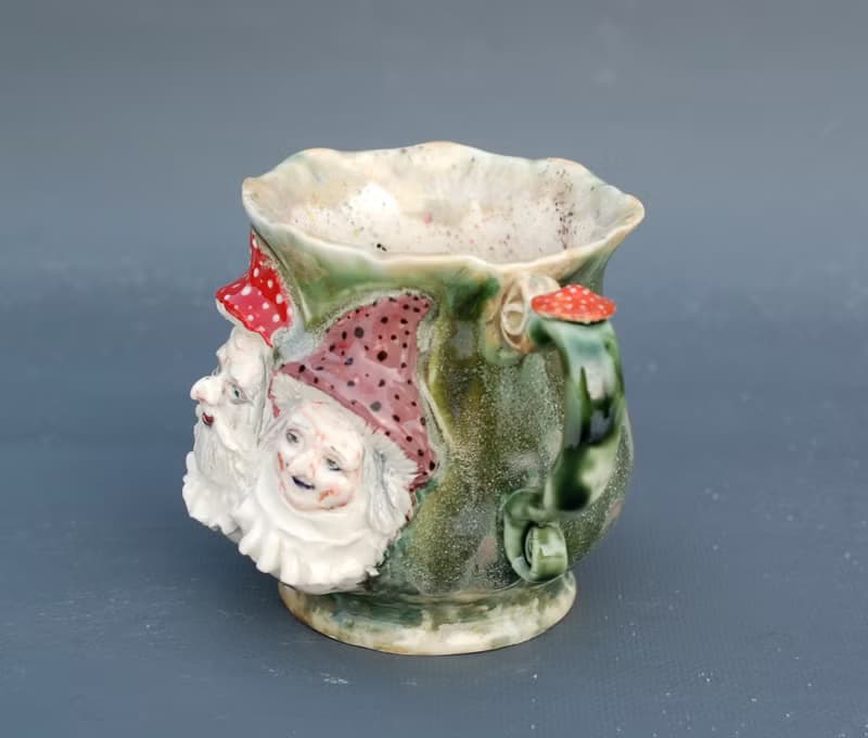 Art mug Mushroom Gnome Forest Witch Green scenic Cup decor Face relief mug