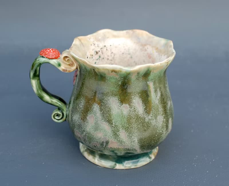 Art mug Mushroom Gnome Forest Witch Green scenic Cup decor Face relief mug