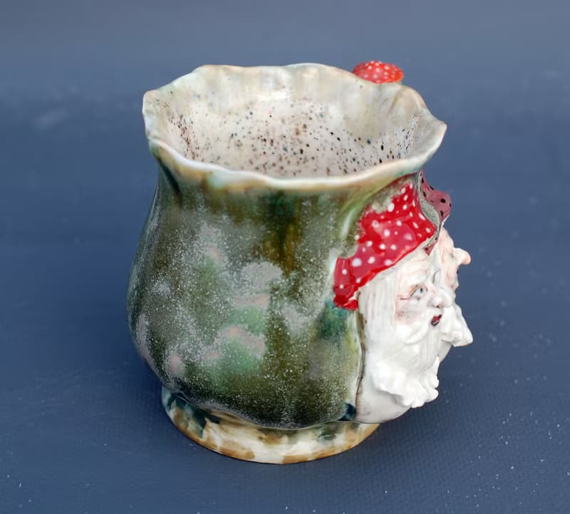 Art mug Mushroom Gnome Forest Witch Green scenic Cup decor Face relief mug