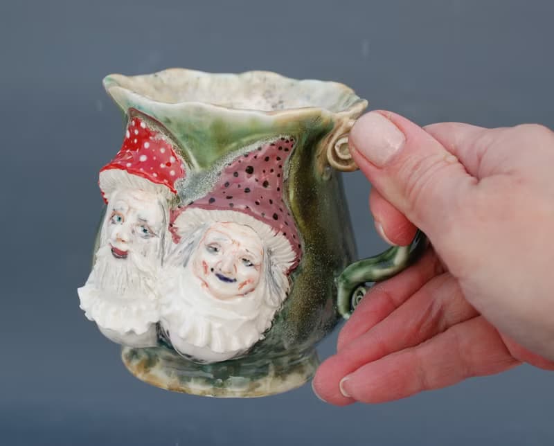 Art mug Mushroom Gnome Forest Witch Green scenic Cup decor Face relief mug